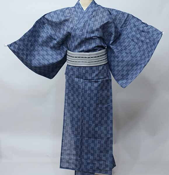 浴衣 しじら 単品 男性用 Mサイズ 綿85% 麻15% しじら織り ゆかた 夏祭り 花火 和装着物 濃紺色 市松模様 新品(株)安田屋 NO41752拍卖