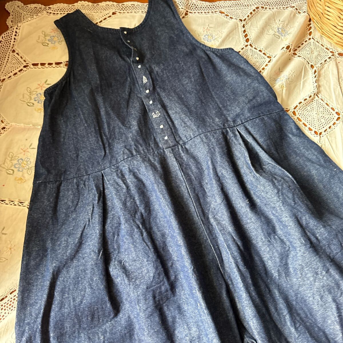 Emago ダークデニム サロペット マリン 刺繍 デニム ノースリーブ オールインワン イマゴ拍卖