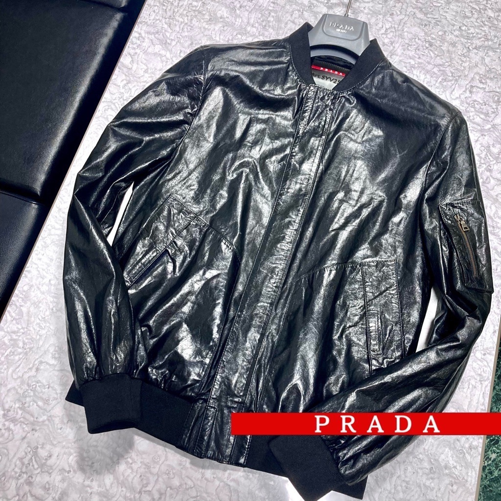 【イタリア製プラダ】極美品75万◆ラムスキン レザー ジャケット M〜L相当【稀少一点物】黒 MA-1型◎PRADA メンズ/ベルト バッグ ダウン 拍卖