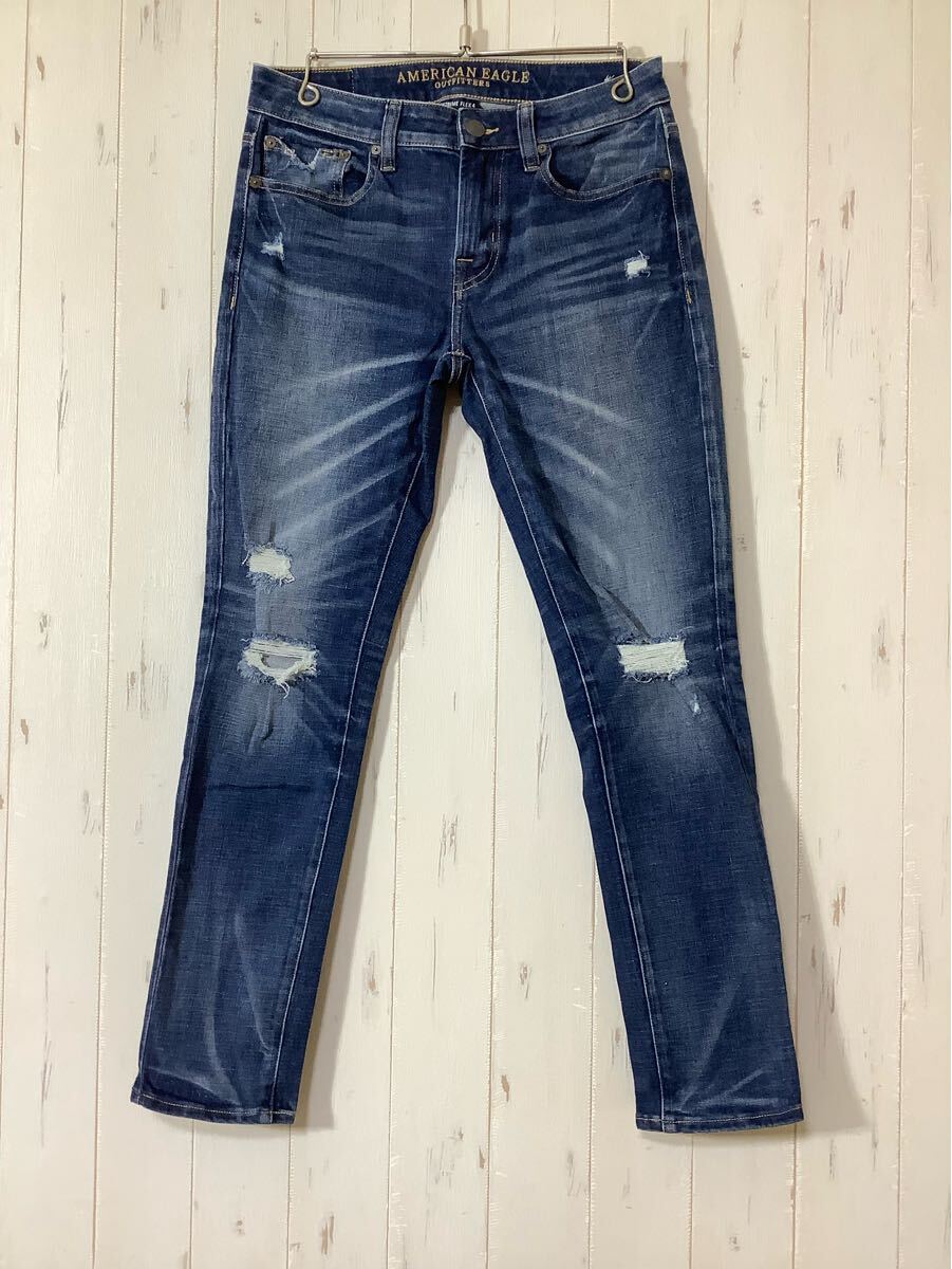 U-1487 AMERICAN EAGLE アメリカンイーグル EXTREME FLEX4 デニムパンツ W30 レディース スリム ユーズド加工 ストレッチ ジーンズ 拍卖