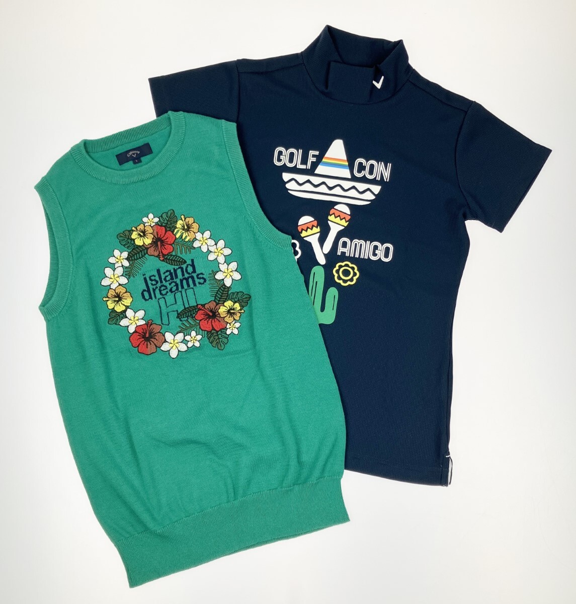 ▽▽ Callaway キャロウェイ レディース モックネック Tシャツ フラワー刺繍 コットンベスト セット やや傷や汚れあり拍卖