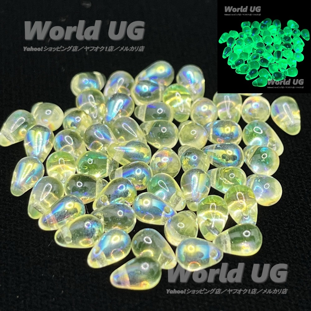 ウランガラス ペアドロップビーズ 黄色透明AB処理 6mm 50粒拍卖