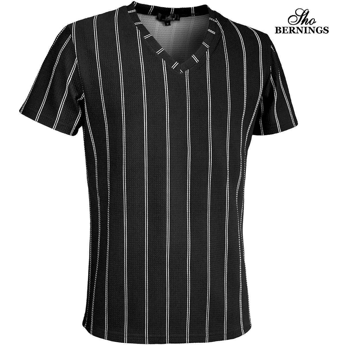 319032-90 Bernings sho Tシャツ Vネック ダブルストライプ シンプル 半袖 mens メンズ(ブラック黒) きれいめ カジュアル L拍卖