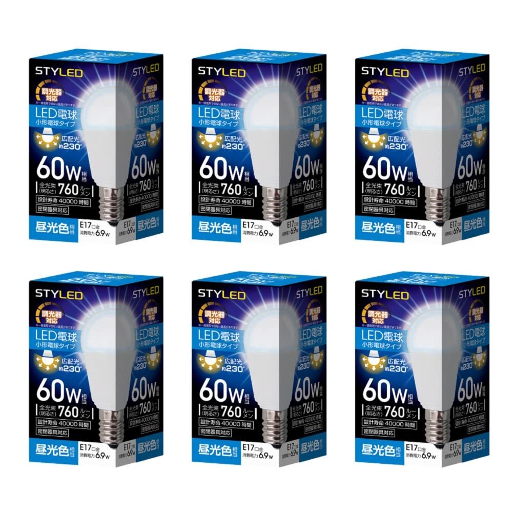 スタイルド LED電球 6個セット E17 昼光色 60W形相当 調光器対応 ミニクリプトン形 広配光タイプ 密閉器具対応 HA6D17D6拍卖