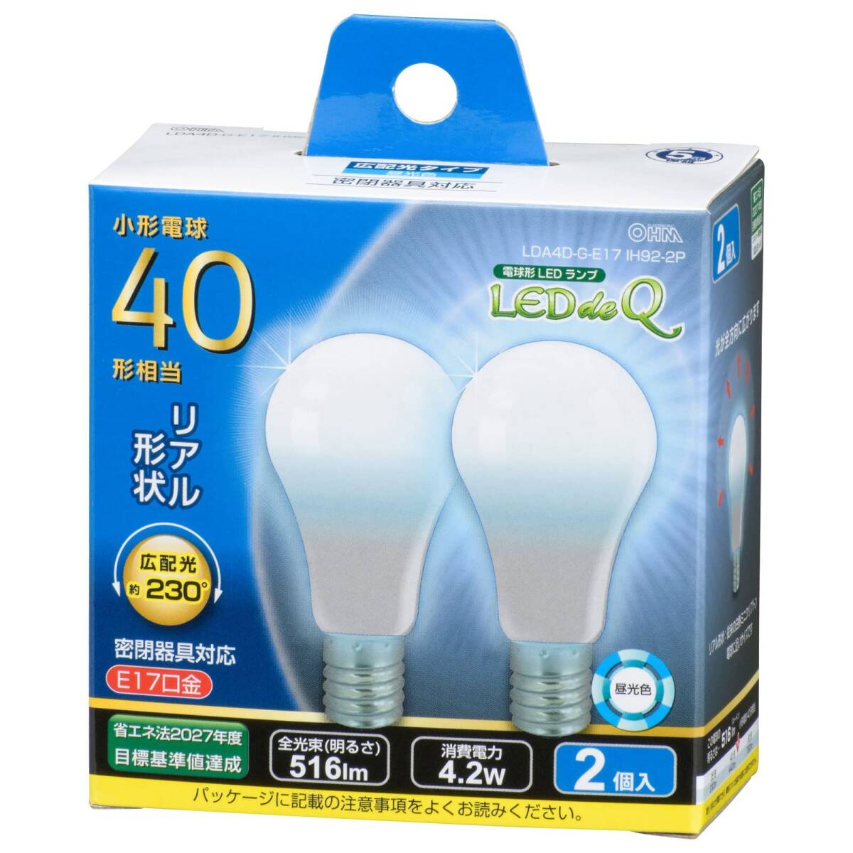 OHM LED電球 小形 E17 40形相当 昼光色 2個入 LDA4D-G-E17IH92-2拍卖