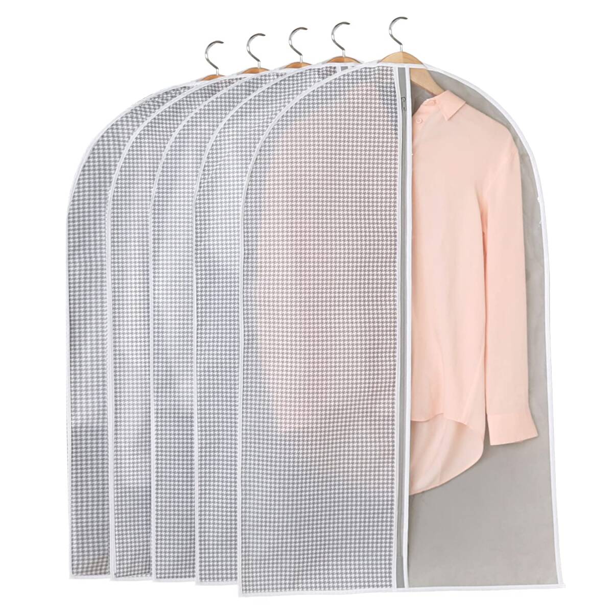アストロ 衣類カバー ホワイト×グレー 千鳥格子柄 ショートサイズ 5枚組 不織布 洋服カバー スーツカバー センターファスナー 730-23拍卖