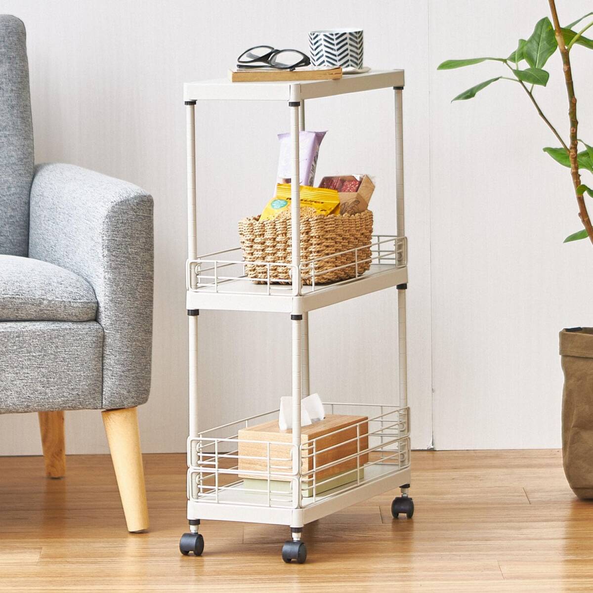 ドウシシャ サイドテーブル キッチンワゴン ランドリーワゴン キャスター付き スリム 灰 グレー 3段 幅20cm×奥行45cm×高さ74.5c拍卖