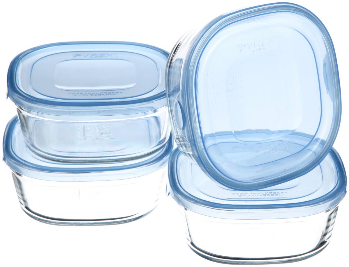 iwaki(イワキ) 耐熱ガラス 保存容器 アクアブルー 角型 S 450ml ×4個セット ごはん 1膳 パック&レンジ KBC3240BLN拍卖