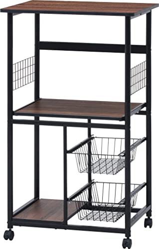 不二貿易 レンジ台 幅60cm ブラック/ブラウン スライド棚 収納 ワゴン キャスター付き 14638拍卖