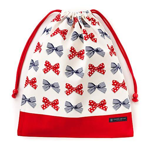 体操服袋 女の子 巾着袋 大 体操服入れ 小学生 お着替え袋 大きめ ポルカドットとストライプのフレンチリボン(アイボリー) カラフルキャン拍卖