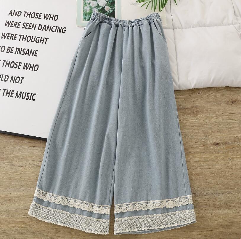 新入荷パンツ デニム ジーンズ レース ワイルドパンツ 綿100% ゆったり オシャレ フリーサイズ ナチュラル 大人可愛 浅い色拍卖
