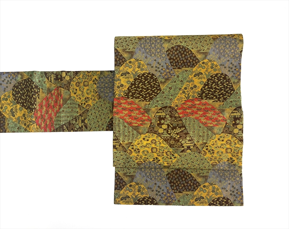 花とら●リサイクル帯 名古屋帯 辛子 山 紹巴織? 未使用品 超美品 250506拍卖