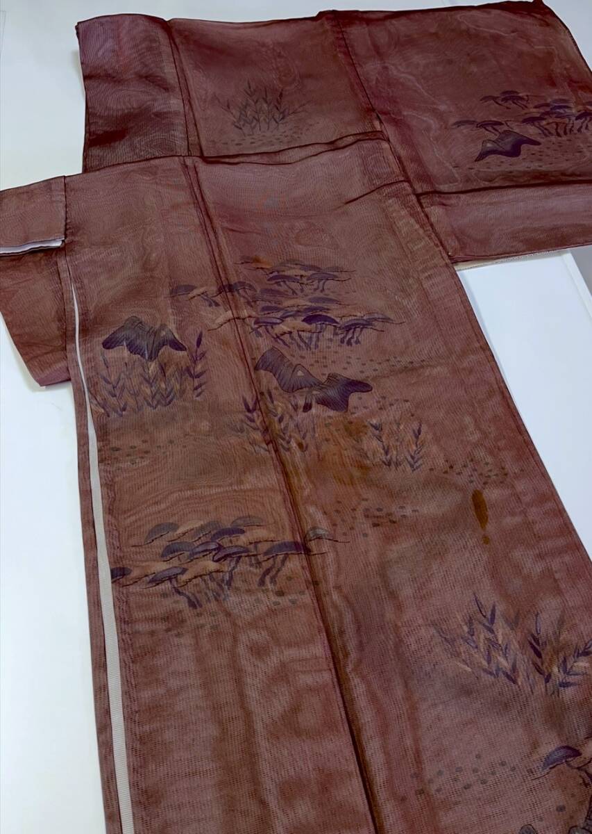 花とら●リサイクル着物 紗袷 茶 1つ紋付き リメイク 素材 細工用 250413拍卖