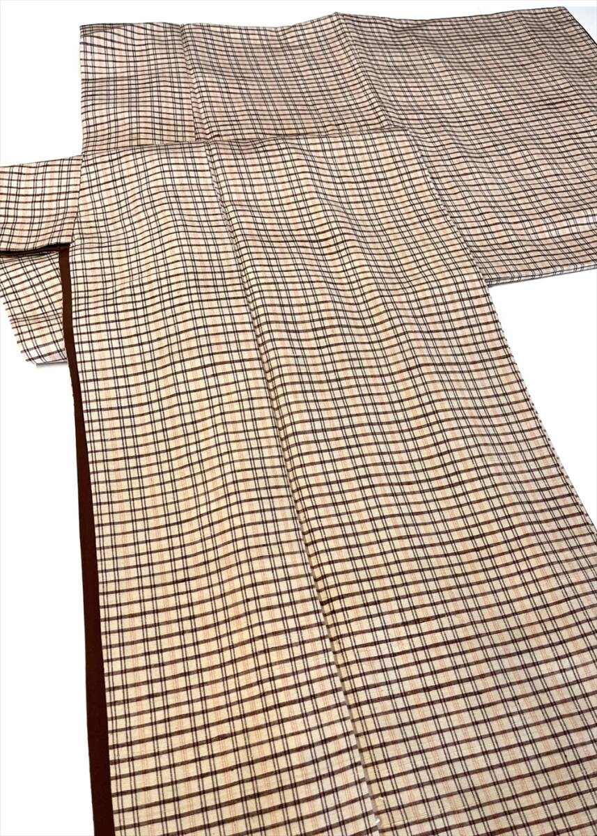 花とら●リサイクル着物 紬地 格子 ベージュ 茶 オレンジ 着用可能 リメイク 素材 250505拍卖