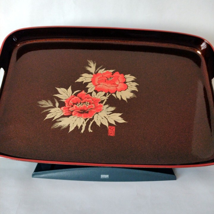 【送料無料】 長手盆 脇引き 牡丹 尺六 長盆★おもてなし盆 お盆 トレイ 美術漆器拍卖