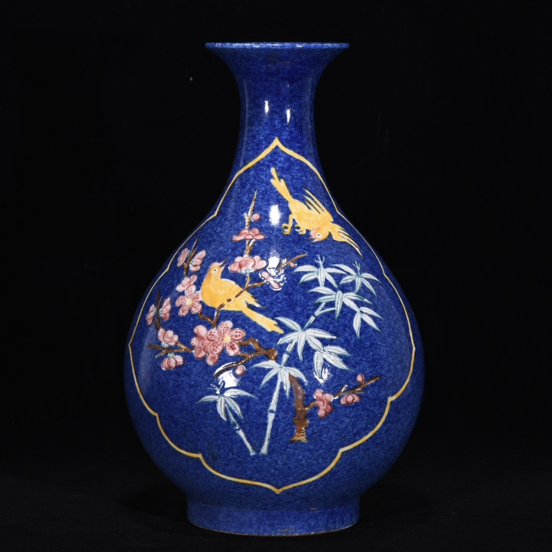 *珍品旧蔵* 明 宣徳年製 雪花青 五彩花鳥紋 玉壺春瓶 陶芸 古陶磁器 中国磁器 極細工 唐物 中国古玩 骨董品 古美味 H45拍卖