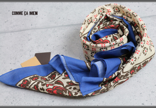 新品コムサメン イタリア製コットンスカーフ青定価1.4万/綿拍卖