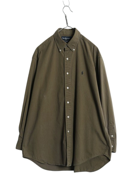90s ラルフローレン 長袖 ボタンダウン シャツ メンズ L / オールド ポロ 長袖シャツ コットン ワンポイント BD ゆったり シンプル カーキ拍卖