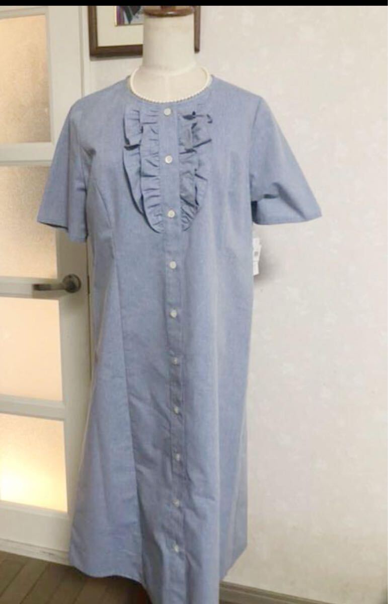 三越 新品タグ付き IMMANUEL フリル使い 半袖 ワンピース ブルー L拍卖