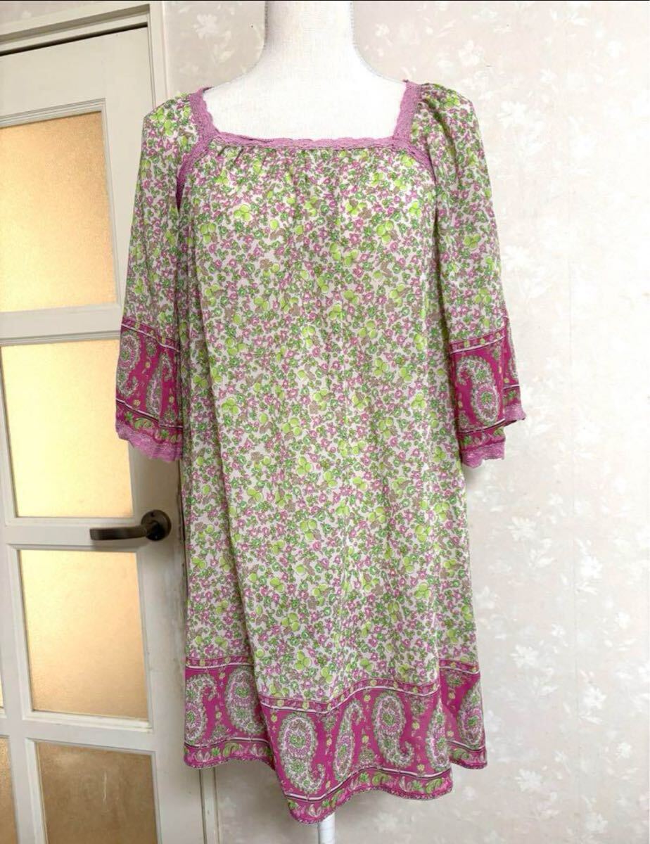 & by P&D シフォンワンピース スクエアネック ピンクライトグリーン チュニック拍卖