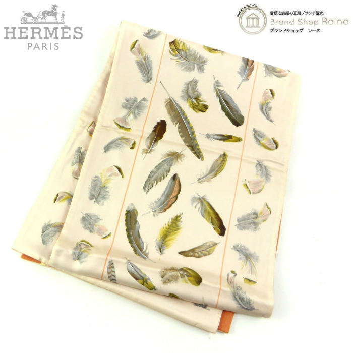 エルメス (HERMES) シルク×アンゴラ リバーシブル マフラー ストール フェザー柄 羽根 ローズペール×アブリコット(未使用品)中古拍卖