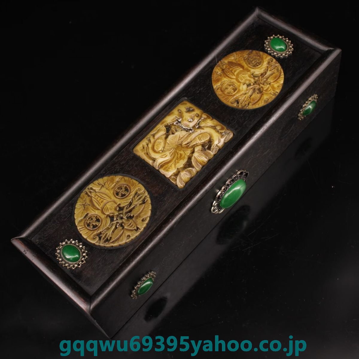 黑檀木彫 嵌古玉 寶石盒 極細工 置物擺件 古美術品 時代物 古董品 旧家蔵出拍卖