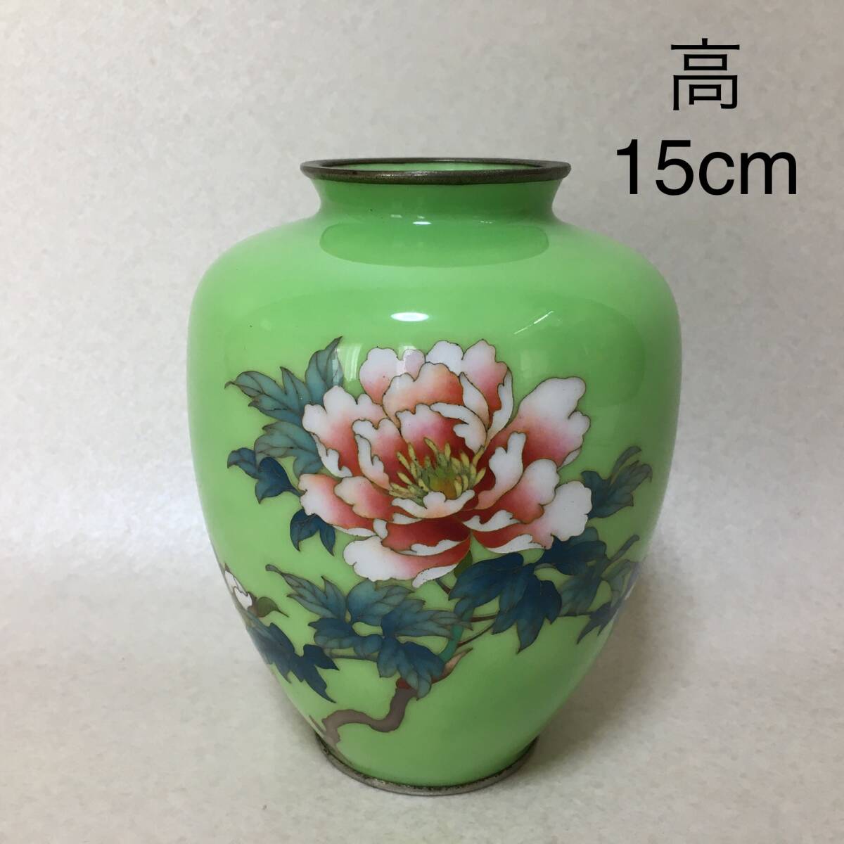 【D707】安藤七宝 牡丹 ボタン 緑釉 花瓶 壷 壺 花入 花生 置物 拍卖