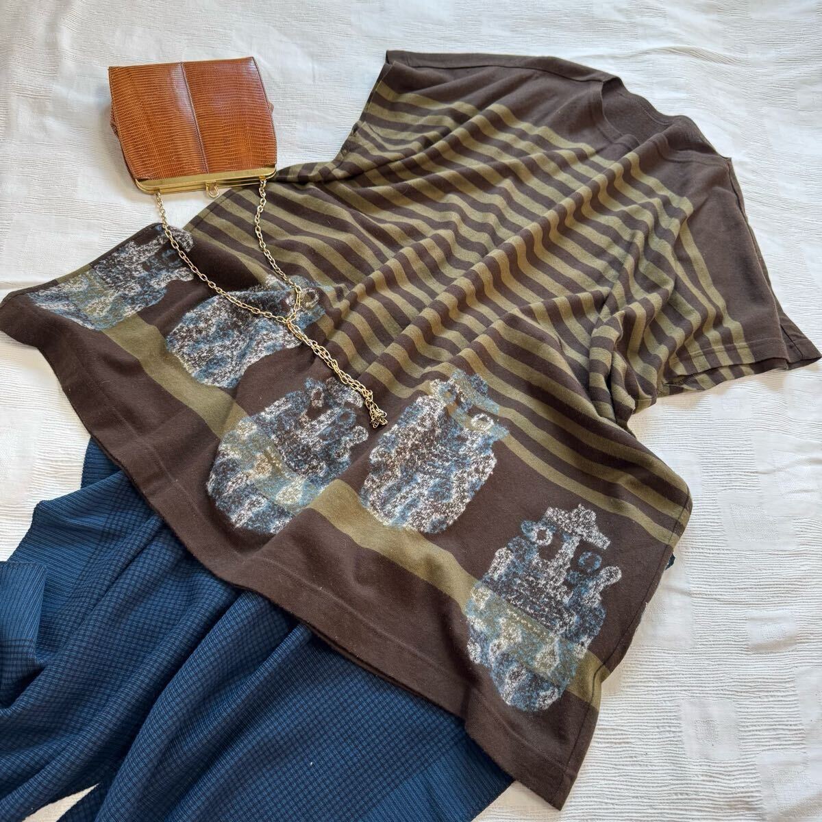 イッセイミヤケ me ISSEY MIYAKE◆ オーバーサイズ ニット ワンピース チュニック ボーダー 茶 カーキ y25052010拍卖