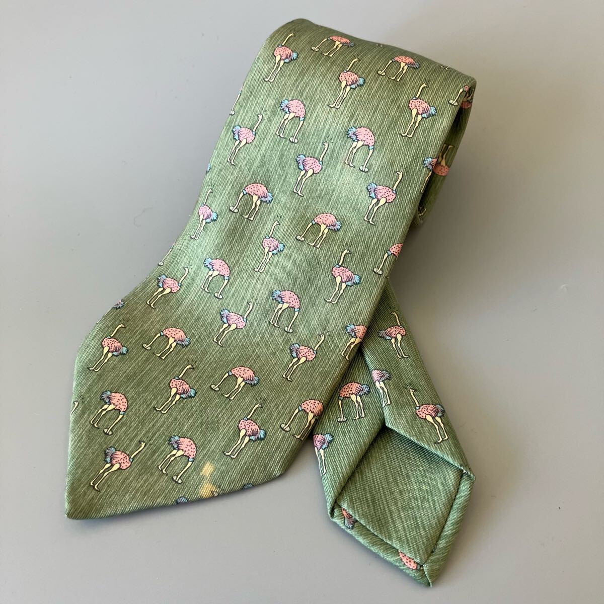 ●フランス製 HERMES エルメス ダチョウ シルク ネクタイ/絹100%/ビジネス/グリーン/拍卖