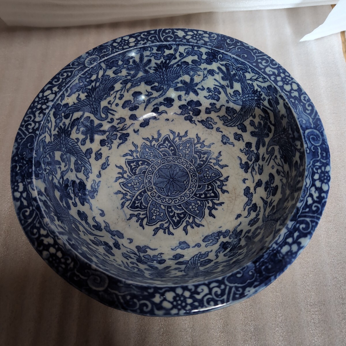 ●明治時代?●陶器製ボウル●鶴に唐草模様●中古品●拍卖