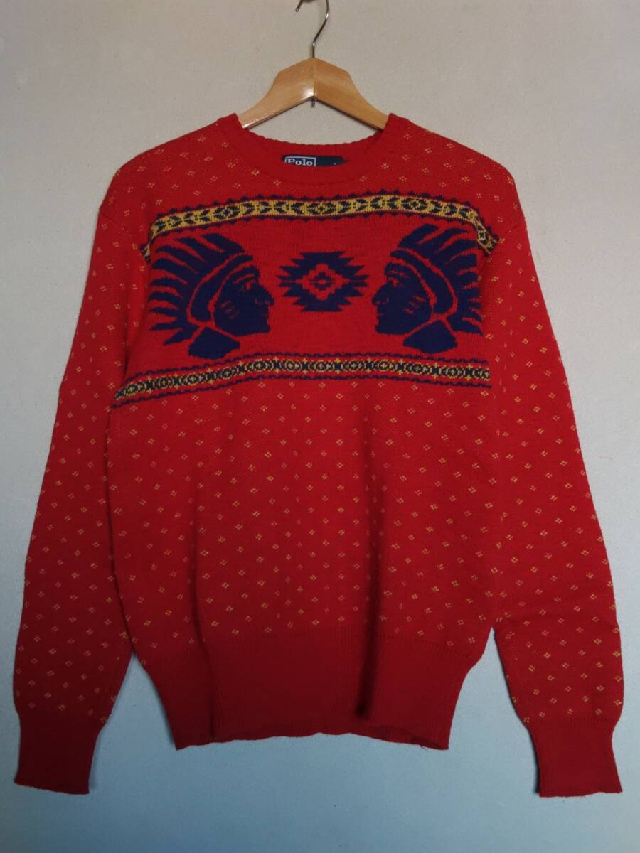 Polo by Ralph Lauren ポロ ラルフローレン ネイティブ柄ニット セーター 赤 S RRL country インディアン柄 ゴローズ拍卖