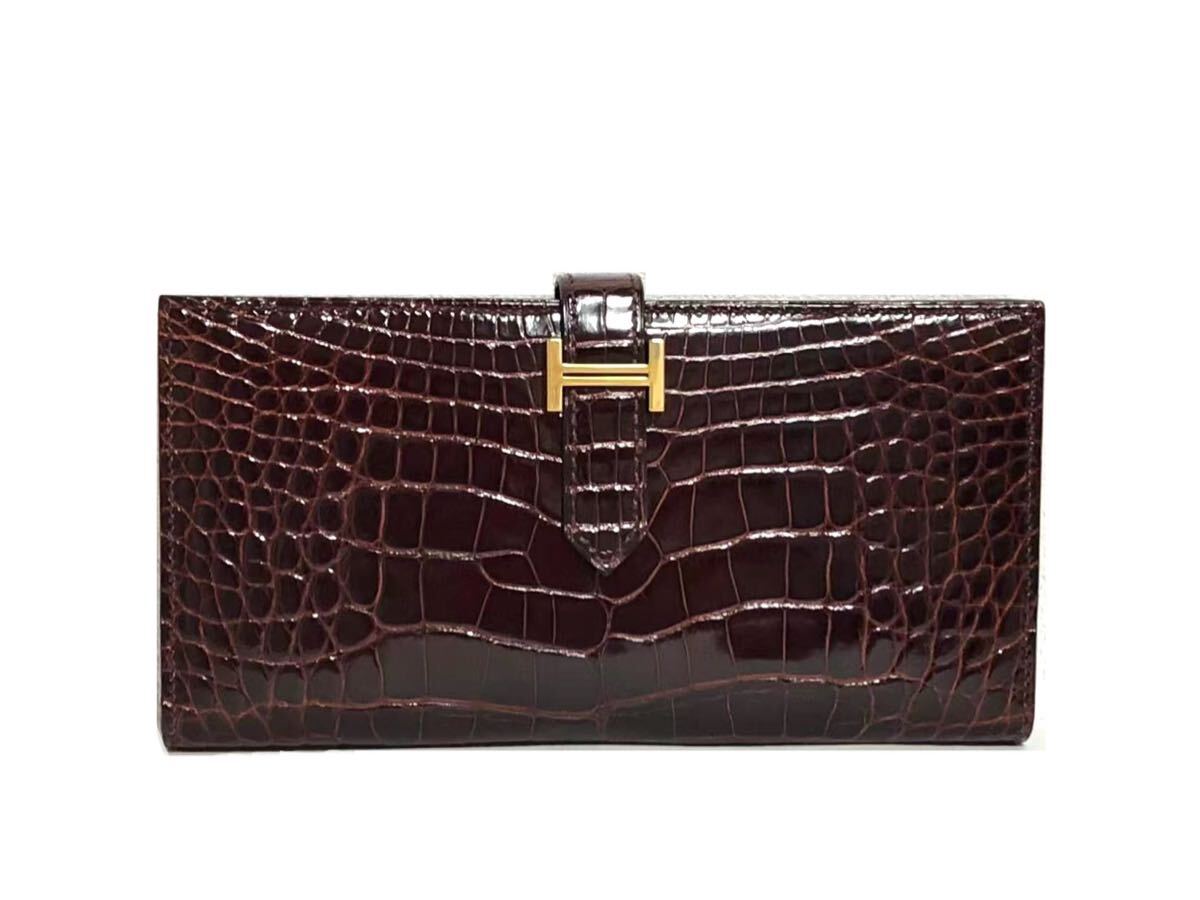 未使用展示☆エルメス HERMES ベアンスフレ ベアン クロコ アリゲーター クロコダイル ブラウン 赤 レッド コーヒー 長財布拍卖