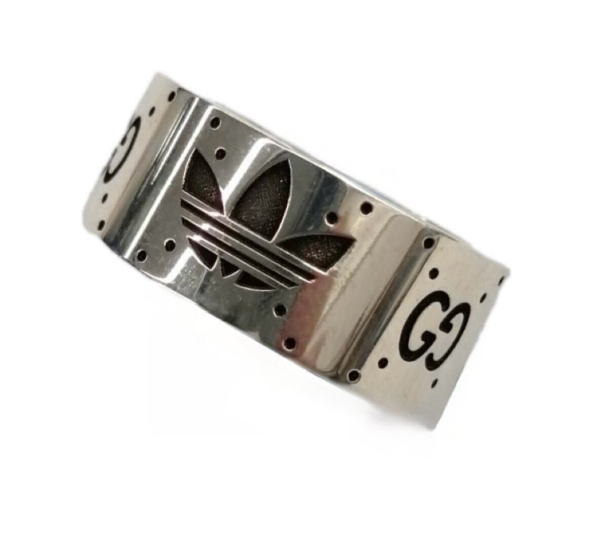 【adidas gucci 新品 未使用】アディダス グッチ メンズ シルバー ロゴ入り リング 指輪 20号 BOX 保存袋付き アクセサリー M〜Lサイズ拍卖