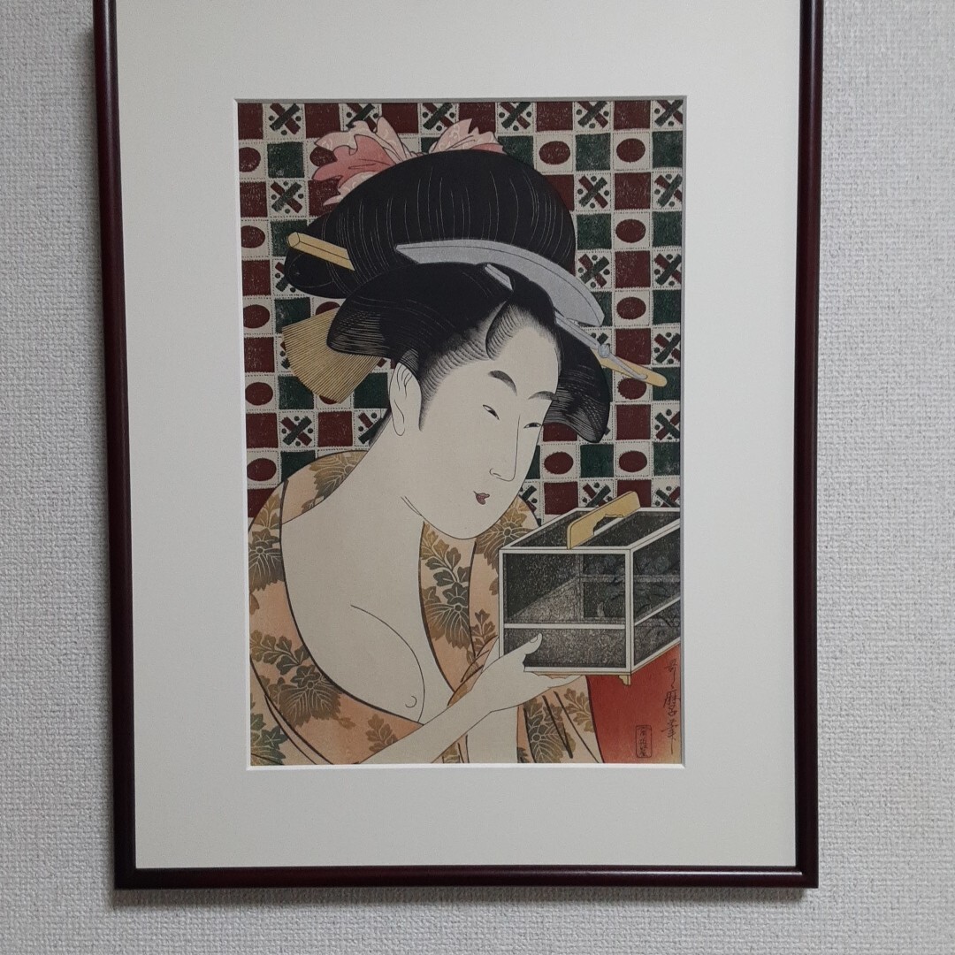 喜多川歌麿.大錦判浮世絵「虫 籠」額付木版画(手摺復刻版)オリジナルサイズ拍卖