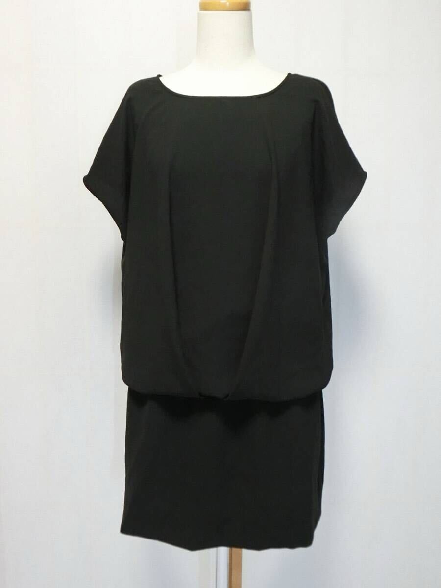 ★LAUTREAMONT ロートレアモン 黒いドルマンスリーブでローウエストにタックとゴムが入った半袖ワンピース 38★拍卖