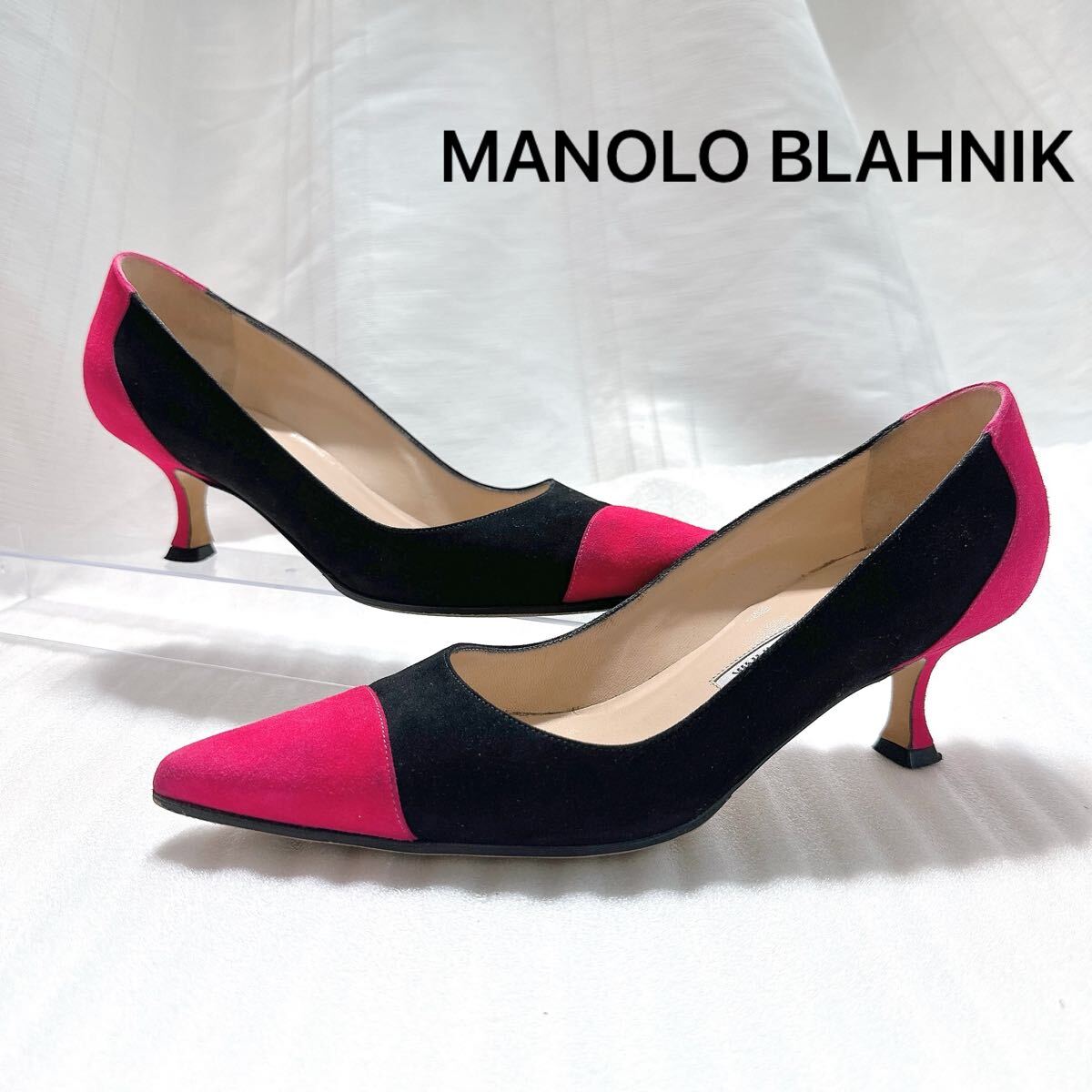 MANOLO BLAHNIK マノロブラニク バイカラー ローヒール パンプス サンダル スエードレザー 靴 シューズ レーディス イタリア製 37拍卖