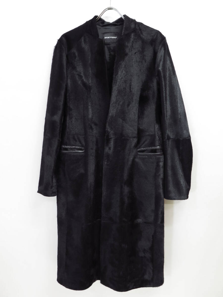 EMPORIO ARMANI UNBORN CALF KID LEATHER COAT BLACK 46 エンポリオアルマーニ ハラコ レザー コート ファー ブラック 黒拍卖