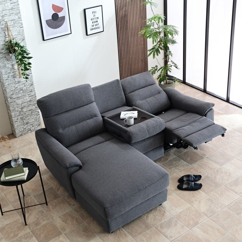 新品 電動リクライニングカウチソファー テーブル付き ダークグレー 3人掛け 3Pソファ ファブリック リビング ハイバック:ST10-18E-ZQ拍卖