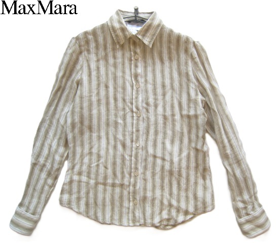 美品イタリア製!!MAX MARA マックスマーラ*麻100% ストライプ柄リネンシャツ M ベージュ WEEKEND LINE ウィークエンド拍卖