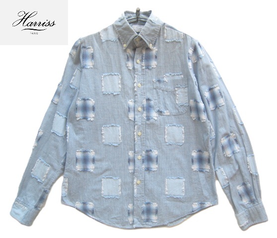 美品日本製!!ハリス パリ Harriss PARIS*美シルエット 千鳥柄パッチワークボタンダウンシャツ S 水色系拍卖