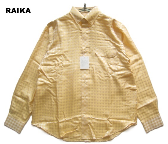 新品4万!!ライカ RAIKA*日本製 絹100% 胸ポケット付き 艶感チェック柄シルクボタンダウンシャツ 50 実寸L 濃いベージュ 淡い黄拍卖