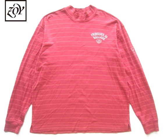 美品日本製!!ゾーイ ZOY*ロゴ刺繍 ボーダー柄モックネックカットソー・長袖Tシャツ 実寸XL LL ピンク系 ゴルフ GOLF拍卖