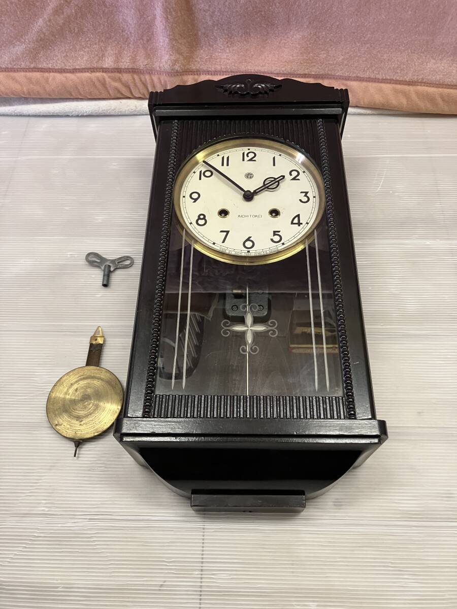 ◇レトロ 愛知時計 掛時計 NO.2341 約26㎝×51㎝ ゼンマイ 振り子時計 アンティーク ※動作未確認拍卖