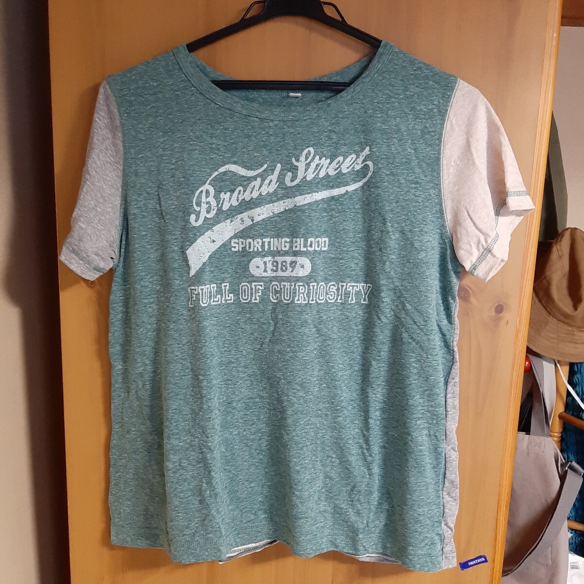 ★最終処分特価★*ベルメゾン*杢グリーンの袖&後ろ切替にロゴプリント入りのカットソー*拍卖