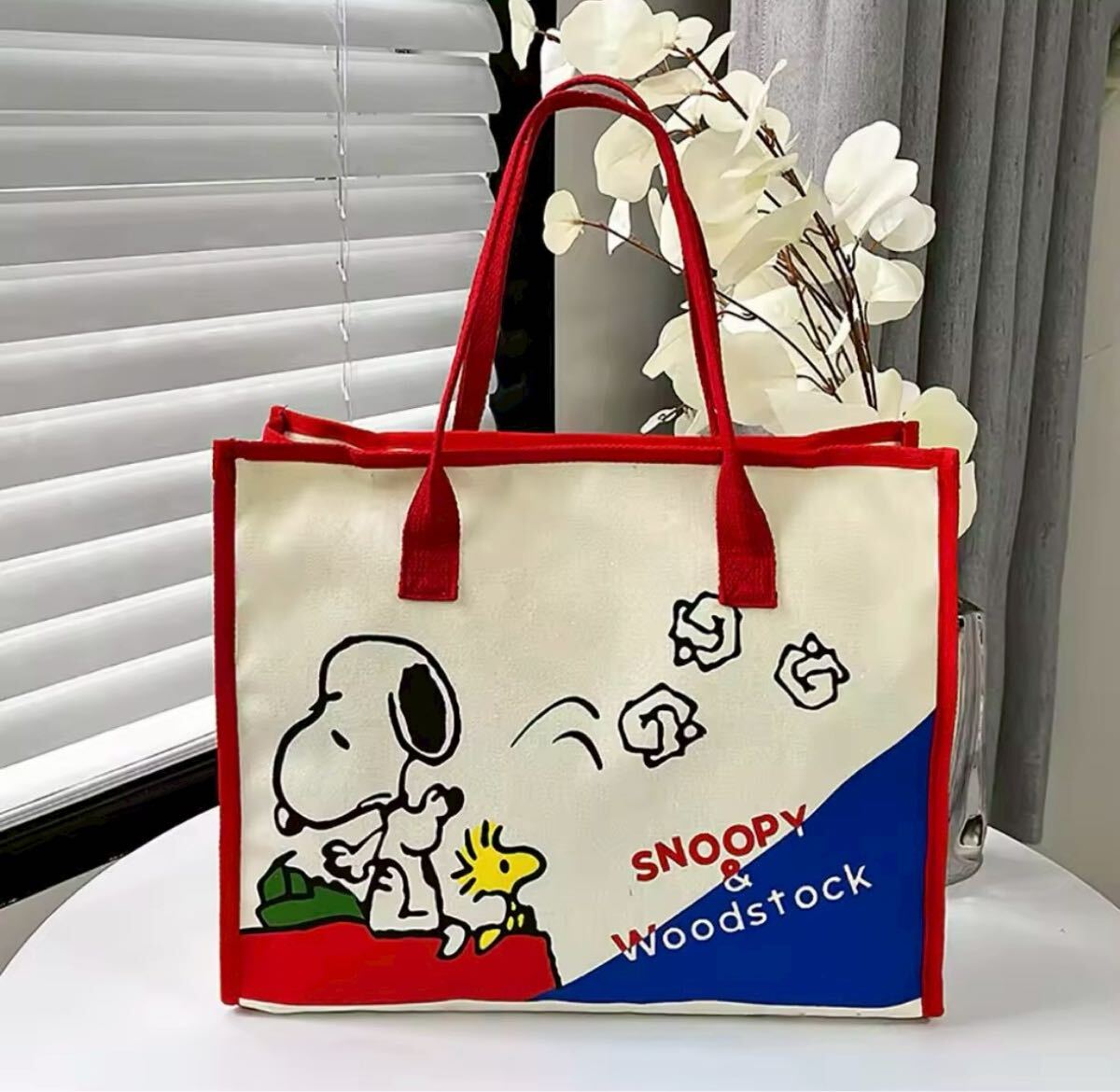【新品未使用】SNOOPY スヌーピー キャンバスハンドバッグ レッド チャック付き 大容量拍卖