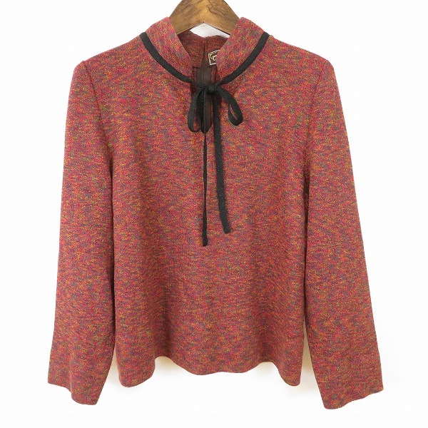 #w サイトウトヨコ 斉藤都世子 ニット セーター 赤系 ミックス スタンドカラー リボン 日本製 918919 k01拍卖