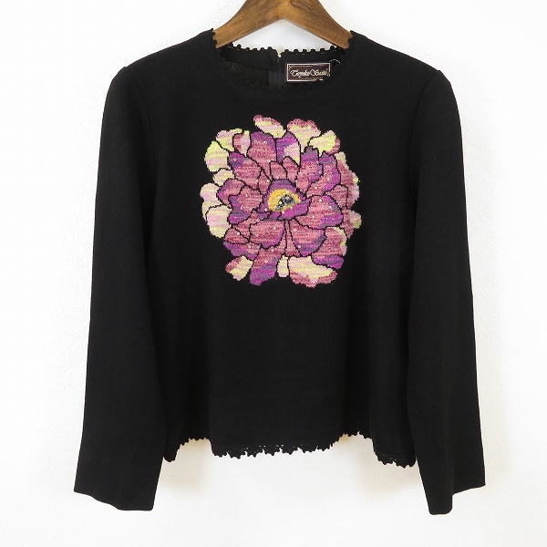 #w サイトウトヨコ 斉藤都世子 ニット セーター 黒 ブラック ビーズ 花柄 日本製 レディース 918922 k01拍卖