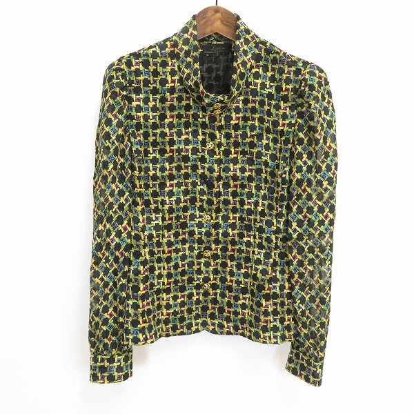 #a レリアン Leilian シャツ ブラウス 7号 黒 黄色 緑 総柄 オフタートル 金ボタン 金釦 長袖 日本製 レディース 921429 k01拍卖