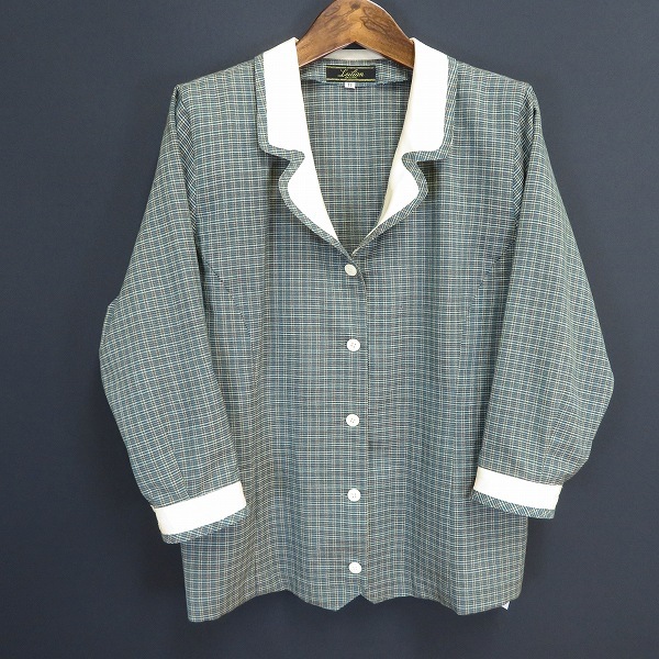 #a レリアン Leilian シャツ ブラウス 11号 緑 オフホワイト チェック 七分袖 WURMSER フランス製生地 ウール シルク使用 922860 k01拍卖