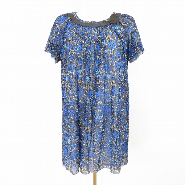 #s レリアン Leilian チュニック 11号 青系 茶 白 パワーネット シースルー 花柄 半袖 テープリボン 日本製 レディース923109 k01拍卖